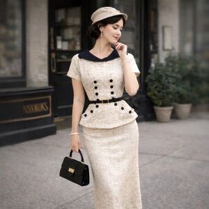 Authentic 1930s Handmade Linen Skirt Suit Art Deco Button Detail 22–24” Waist